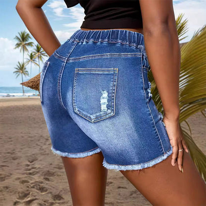 Damshorts i slitna jeans med dragsko och resår i midja
