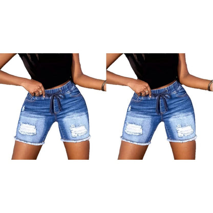 Damshorts i slitna jeans med dragsko och resår i midja