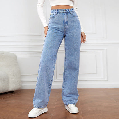 Damjeans med hög midja, mångsidiga jeans, raka ben, avslappnad stil.