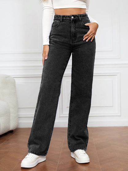 Damjeans med hög midja, mångsidiga jeans, raka ben, avslappnad stil.