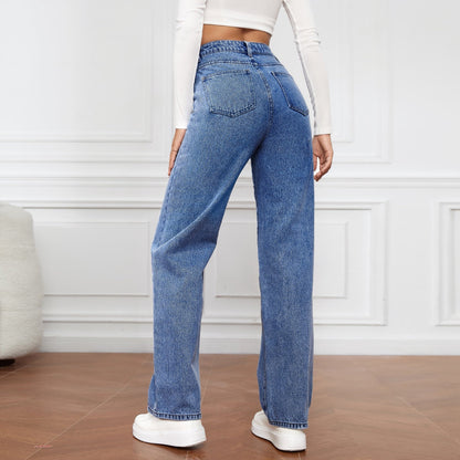 Damjeans med hög midja, mångsidiga jeans, raka ben, avslappnad stil.