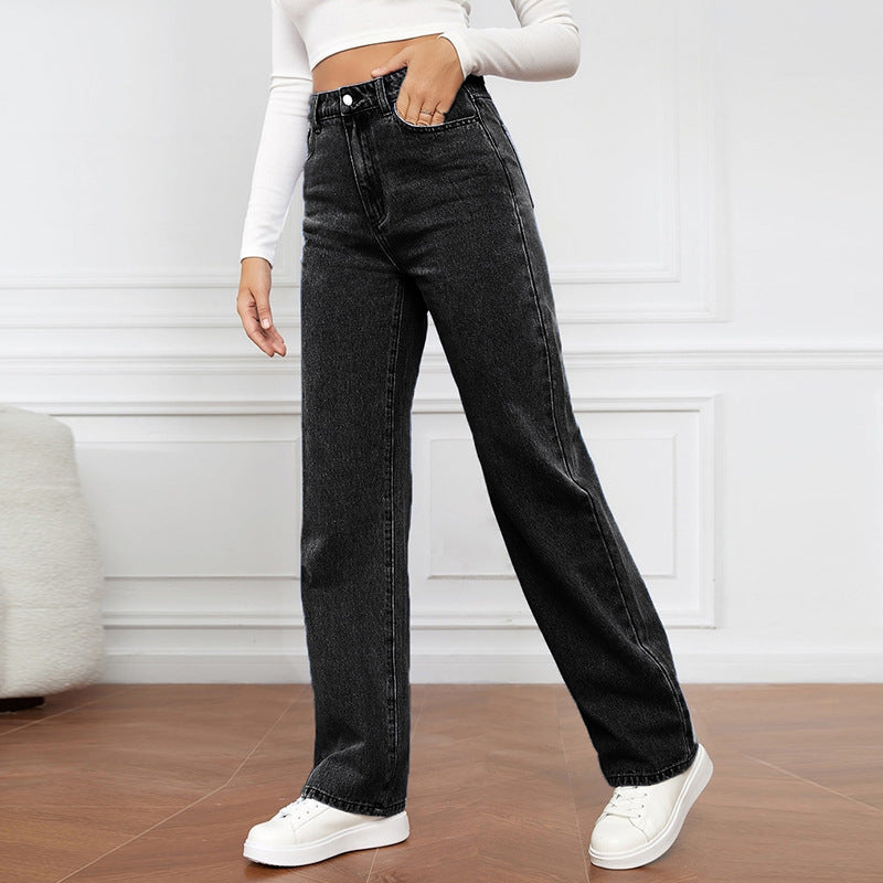 Damjeans med hög midja, mångsidiga jeans, raka ben, avslappnad stil.