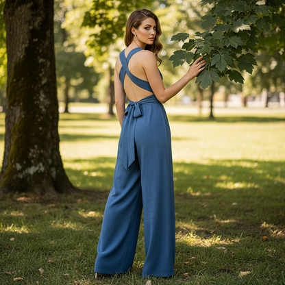 ⏰🎁Jumpsuit med halterneck, V-ringning, bar rygg och vida ben