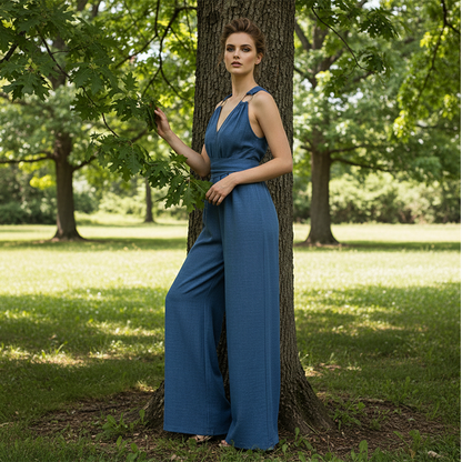 ⏰🎁Jumpsuit med halterneck, V-ringning, bar rygg och vida ben