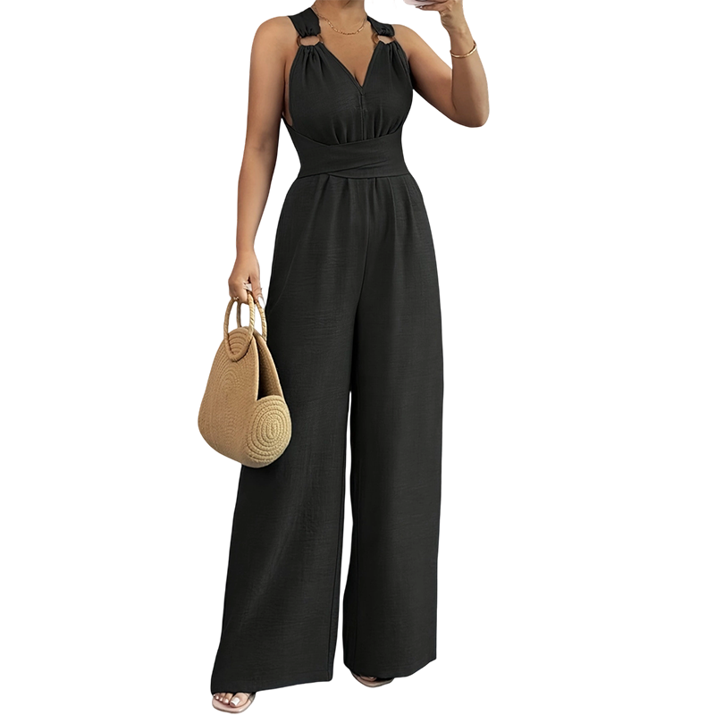 ⏰🎁Jumpsuit med halterneck, V-ringning, bar rygg och vida ben