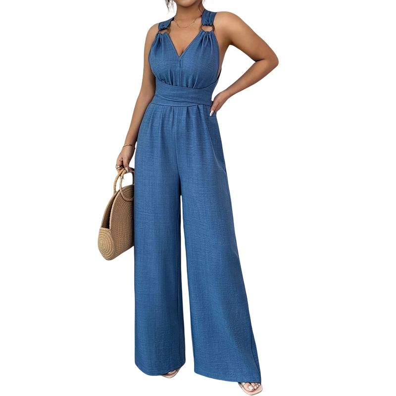 ⏰🎁Jumpsuit med halterneck, V-ringning, bar rygg och vida ben
