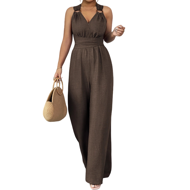 ⏰🎁Jumpsuit med halterneck, V-ringning, bar rygg och vida ben