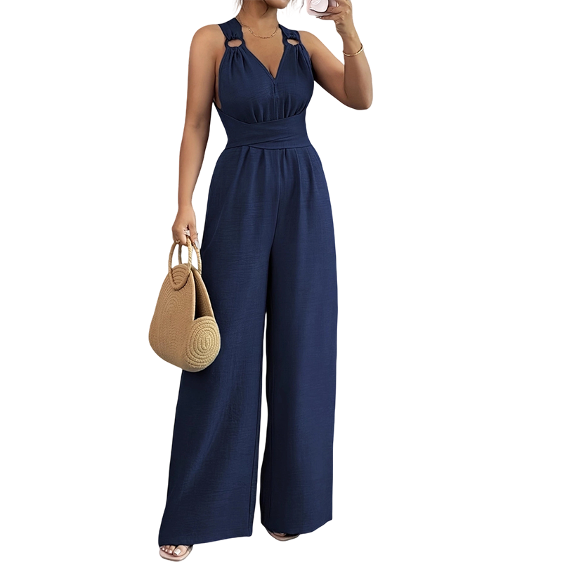 ⏰🎁Jumpsuit med halterneck, V-ringning, bar rygg och vida ben