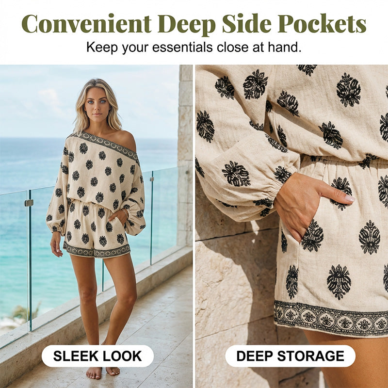 🔥Factory Direct Sales🔥 Set i bohemisk stil med axelbandslöst, mönstrat topp- och shorts-set