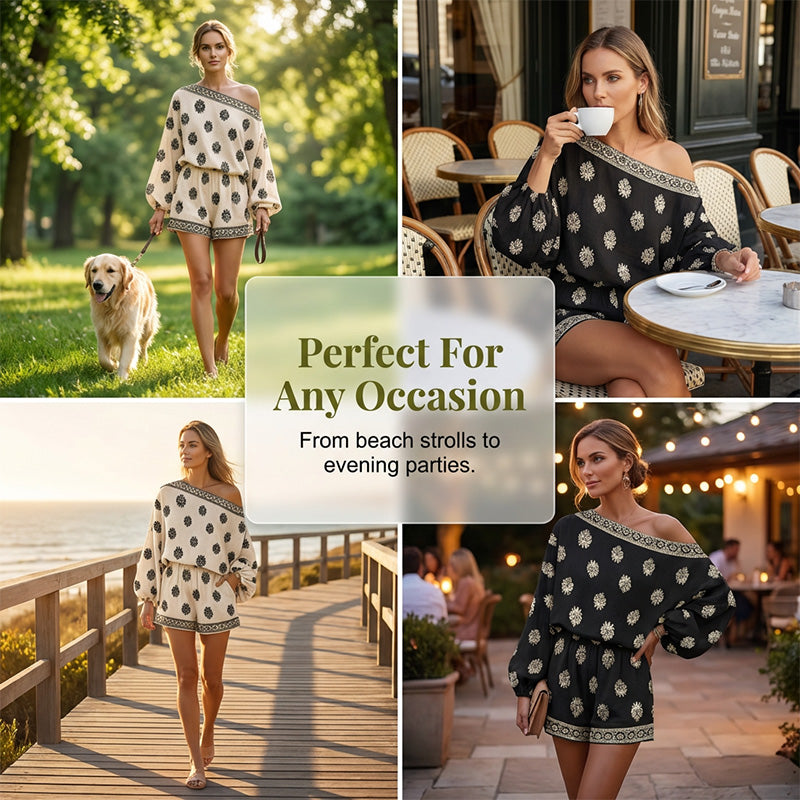 🔥Factory Direct Sales🔥 Set i bohemisk stil med axelbandslöst, mönstrat topp- och shorts-set