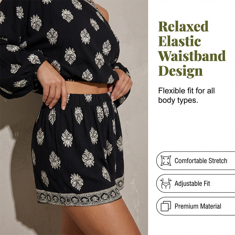 🔥Factory Direct Sales🔥 Set i bohemisk stil med axelbandslöst, mönstrat topp- och shorts-set