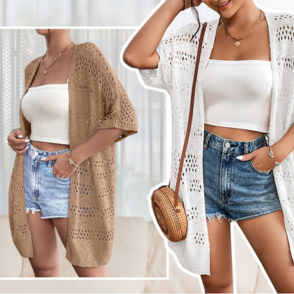 👚 50% RABATT NU! Kortärmad open‑front stickad cardigan – pointelletrikå, andningsbar & lätt – perfekt för sommaren, övergångsperioder och semester ☀️✨