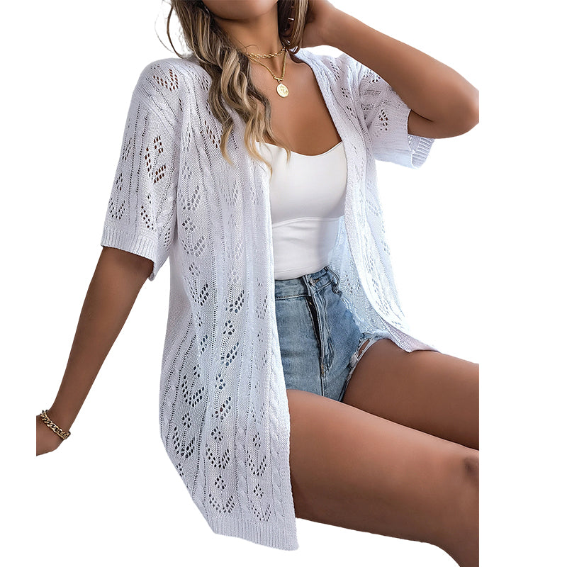 👚 50% RABATT NU! Kortärmad open‑front stickad cardigan – pointelletrikå, andningsbar & lätt – perfekt för sommaren, övergångsperioder och semester ☀️✨