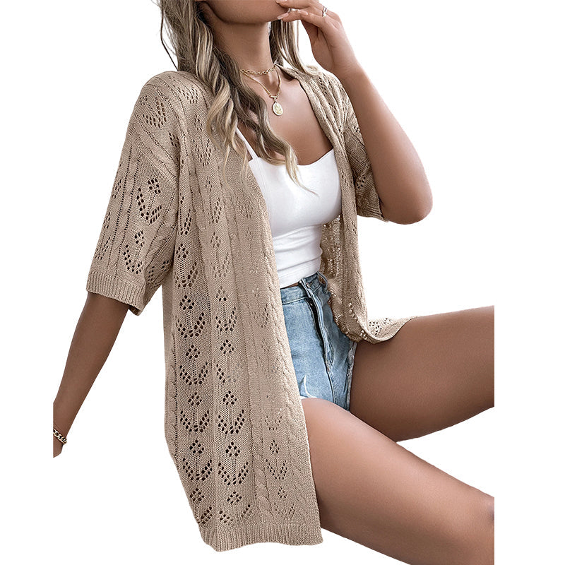 👚 50% RABATT NU! Kortärmad open‑front stickad cardigan – pointelletrikå, andningsbar & lätt – perfekt för sommaren, övergångsperioder och semester ☀️✨