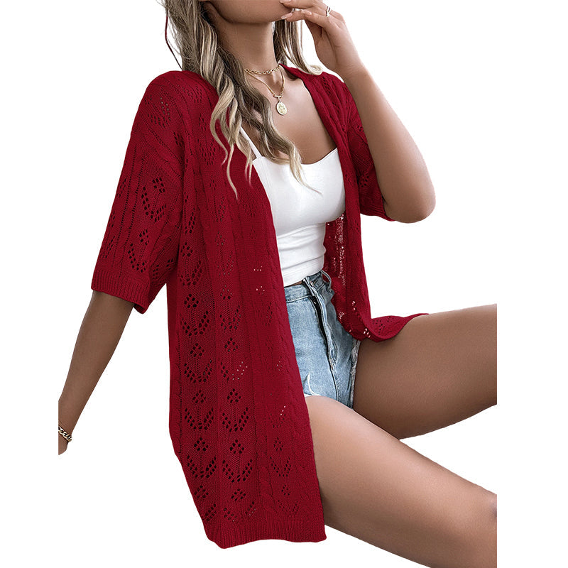 👚 50% RABATT NU! Kortärmad open‑front stickad cardigan – pointelletrikå, andningsbar & lätt – perfekt för sommaren, övergångsperioder och semester ☀️✨
