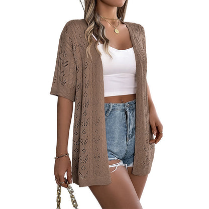 👚 50% RABATT NU! Kortärmad open‑front stickad cardigan – pointelletrikå, andningsbar & lätt – perfekt för sommaren, övergångsperioder och semester ☀️✨