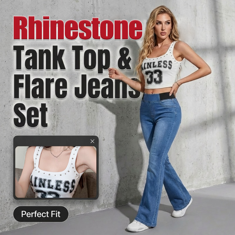 Elegant set med tvådelat set bestående av en linne med strass och utsvängda jeans