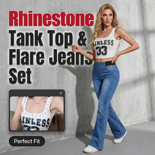 Elegant set med tvådelat set bestående av en linne med strass och utsvängda jeans