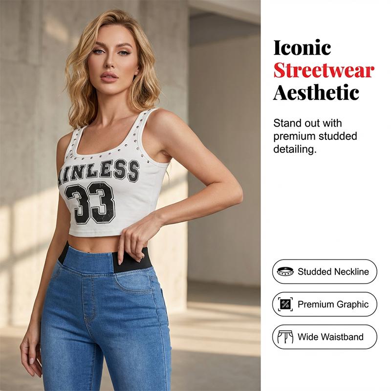 Elegant set med tvådelat set bestående av en linne med strass och utsvängda jeans