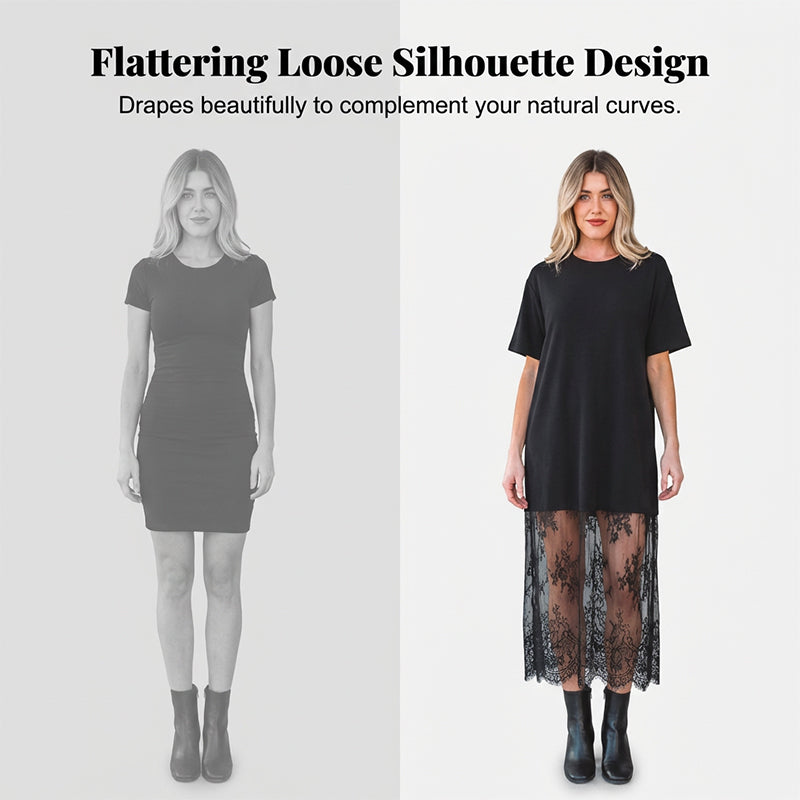 ✨ Nyhet! Modern T-shirtklänning i lager-på-lager-stil med spets – elegant utan ansträngning! ✨