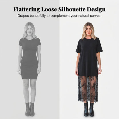 ✨ Nyhet! Modern T-shirtklänning i lager-på-lager-stil med spets – elegant utan ansträngning! ✨