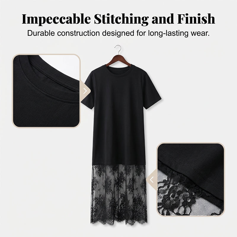 ✨ Nyhet! Modern T-shirtklänning i lager-på-lager-stil med spets – elegant utan ansträngning! ✨