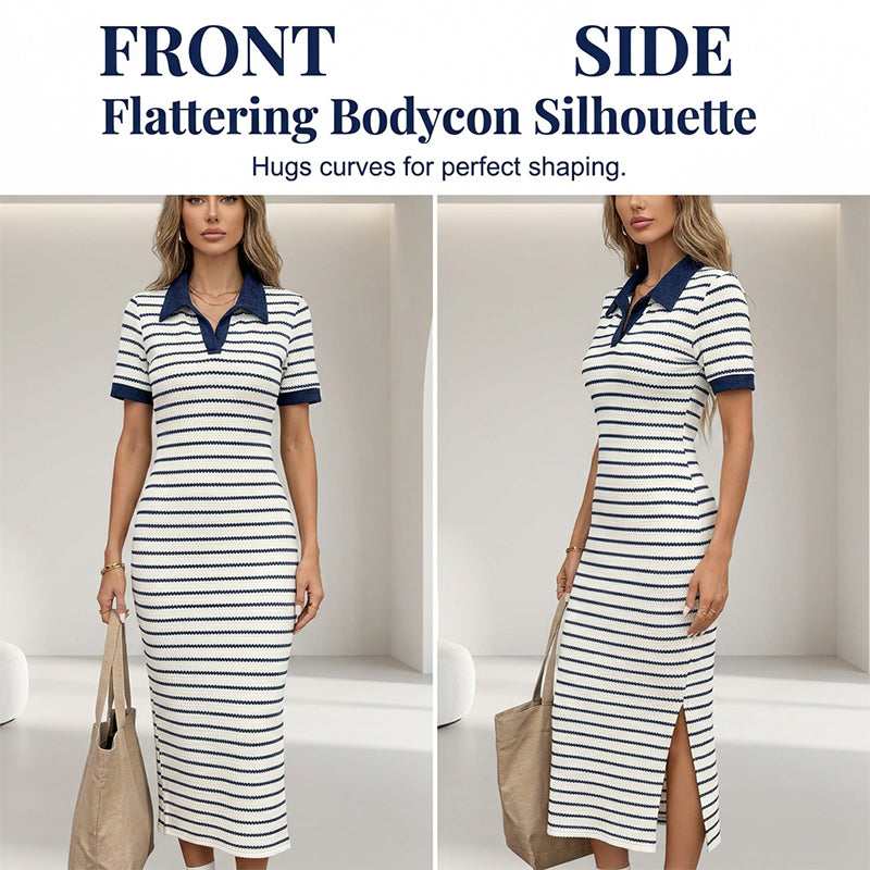 Blixtrea! ✨Snygg randig kortärmad klänning med krage👗Elegant och smickrande