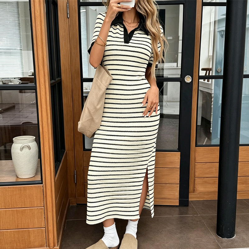 Blixtrea! ✨Snygg randig kortärmad klänning med krage👗Elegant och smickrande