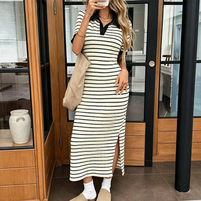 Blixtrea! ✨Snygg randig kortärmad klänning med krage👗Elegant och smickrande