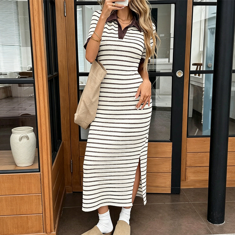 Blixtrea! ✨Snygg randig kortärmad klänning med krage👗Elegant och smickrande