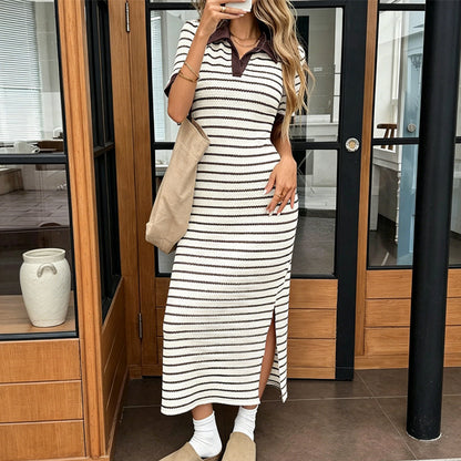Blixtrea! ✨Snygg randig kortärmad klänning med krage👗Elegant och smickrande