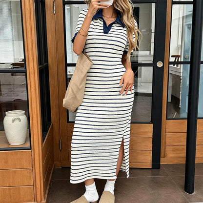 Blixtrea! ✨Snygg randig kortärmad klänning med krage👗Elegant och smickrande