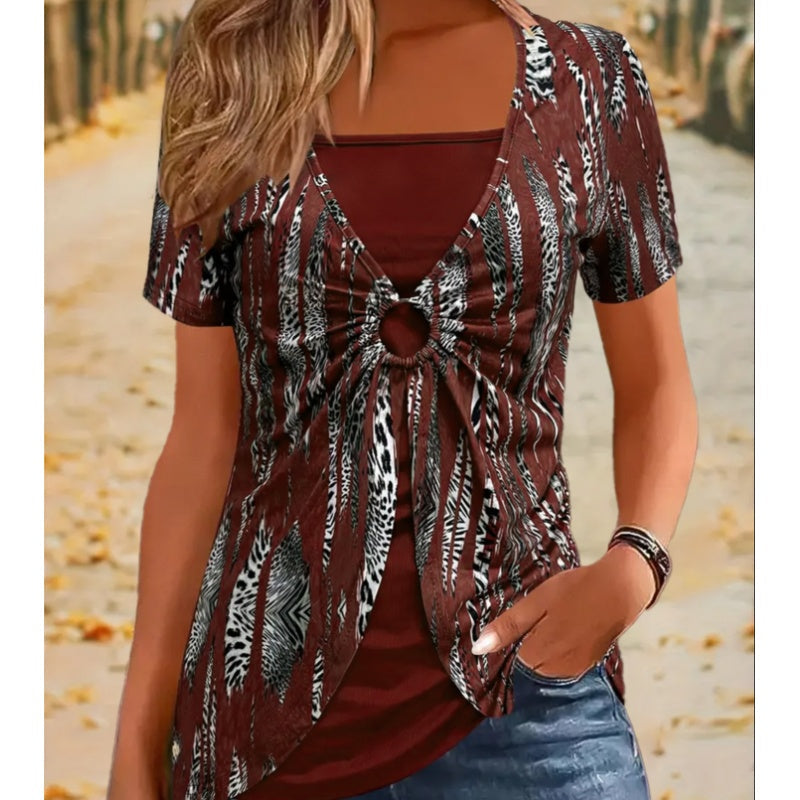👚 50 % RABATT JUST NU!🔥 Top med leopardmönster – Retro med fyrkantig halsringning och imiterad tvådelad design – Korta ärmar, smal passform – Luftig sommarblus 👗