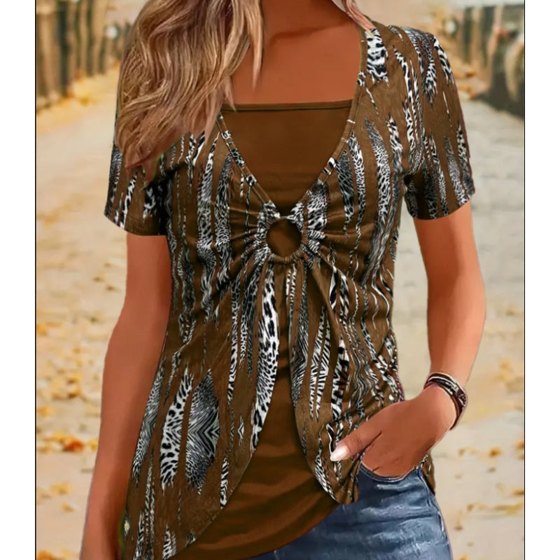 👚 50 % RABATT JUST NU!🔥 Top med leopardmönster – Retro med fyrkantig halsringning och imiterad tvådelad design – Korta ärmar, smal passform – Luftig sommarblus 👗