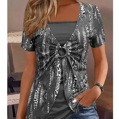 👚 50 % RABATT JUST NU!🔥 Top med leopardmönster – Retro med fyrkantig halsringning och imiterad tvådelad design – Korta ärmar, smal passform – Luftig sommarblus 👗