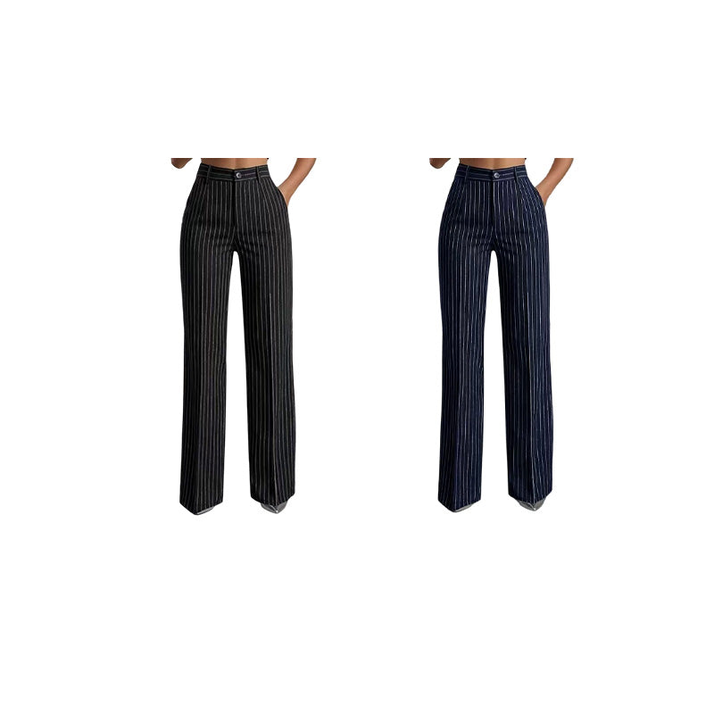 Randiga byxor med hög midja och vida ben för dam