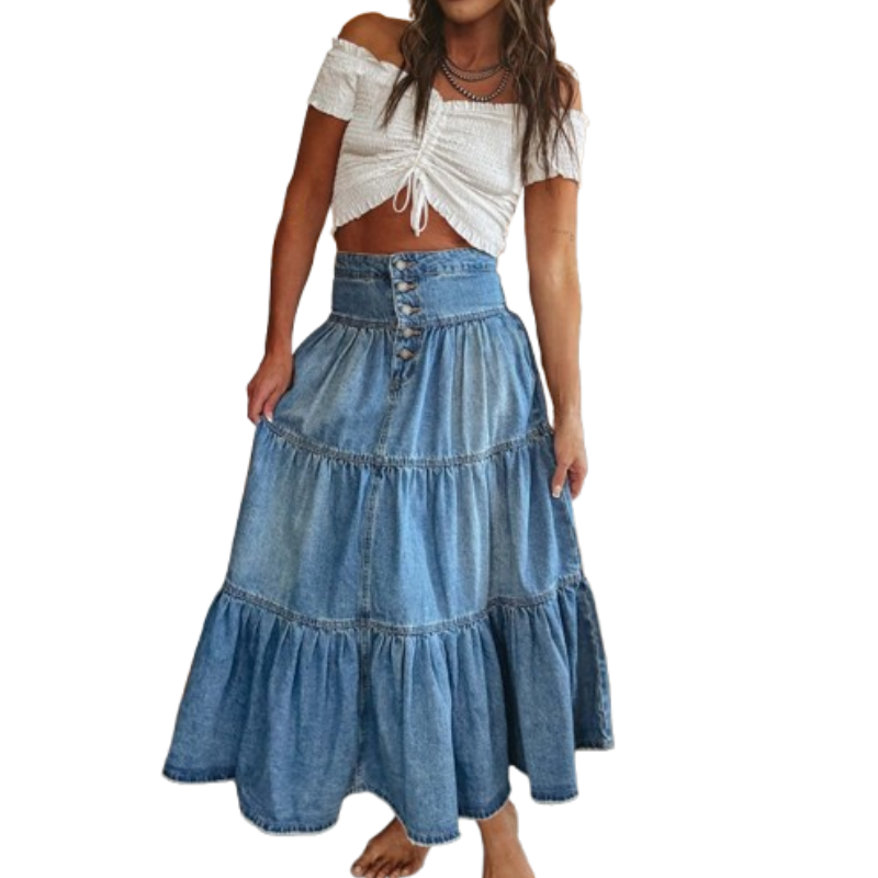 ✨50% RABATT NU! ✨Maxikjol i denim med hög midja och lager-på-lager-design i A-linjeform för damer