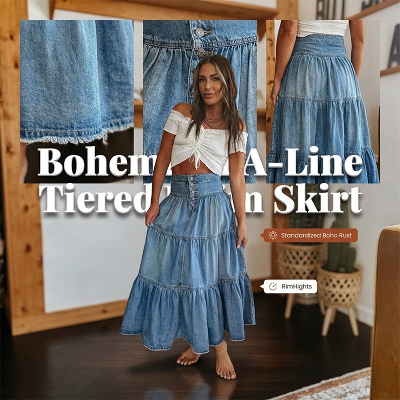 ✨50% RABATT NU! ✨Maxikjol i denim med hög midja och lager-på-lager-design i A-linjeform för damer