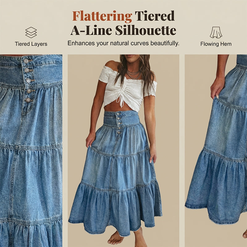 ✨50% RABATT NU! ✨Maxikjol i denim med hög midja och lager-på-lager-design i A-linjeform för damer