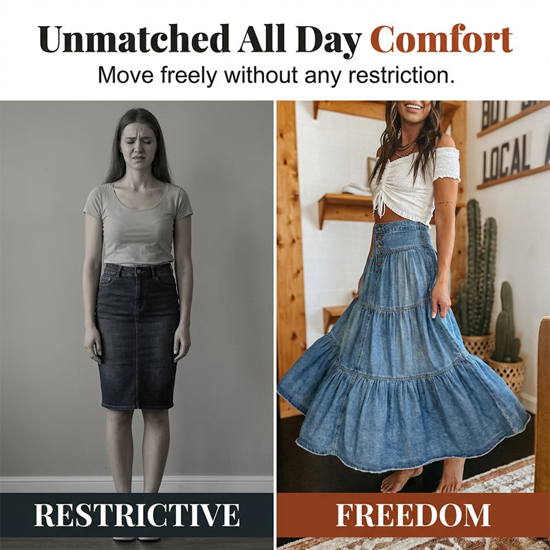 ✨50% RABATT NU! ✨Maxikjol i denim med hög midja och lager-på-lager-design i A-linjeform för damer