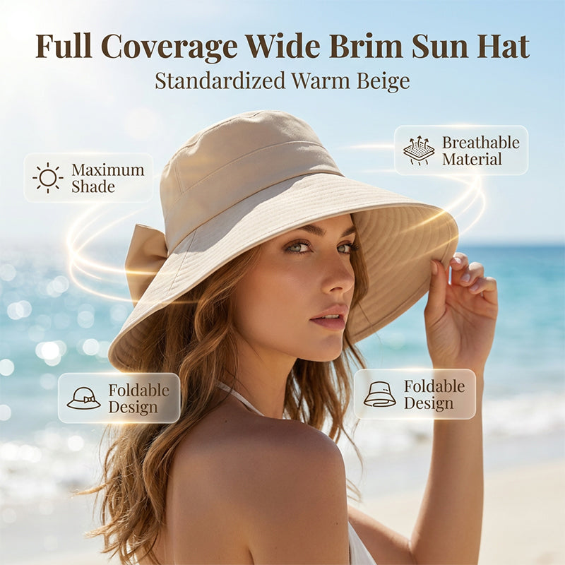👒 BEGRÄNSAD TID -50% RABATT! ✨ Dam solhatt med bred brätte och rosett – Hopfällbar, 360° skydd 🎀