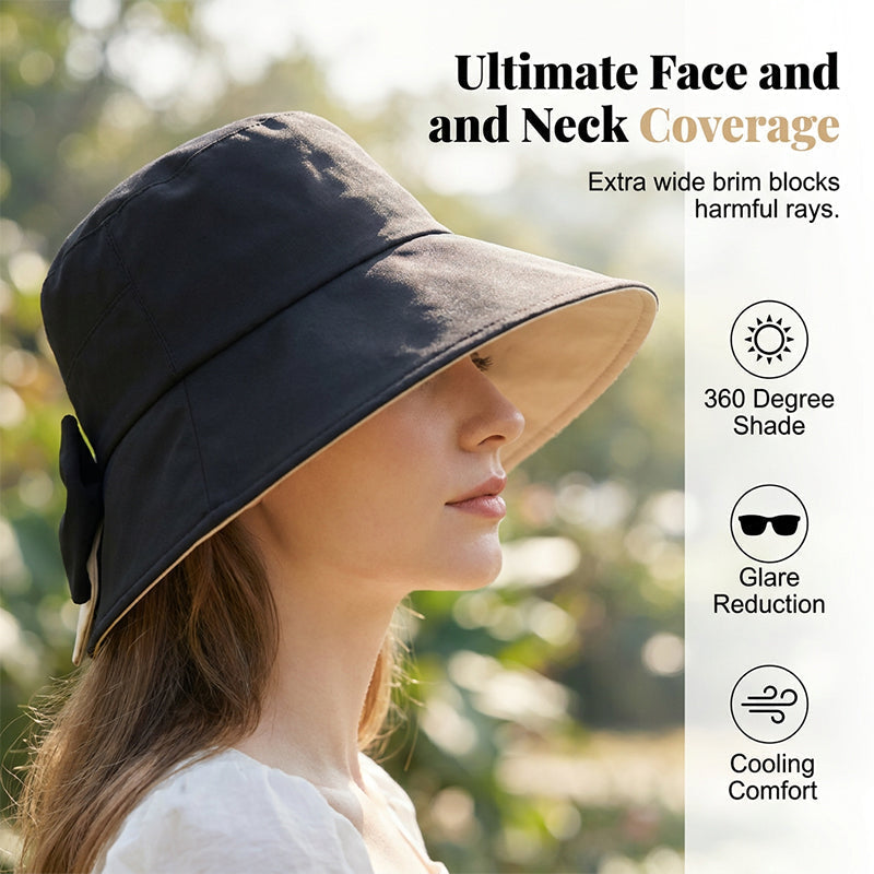 👒 BEGRÄNSAD TID -50% RABATT! ✨ Dam solhatt med bred brätte och rosett – Hopfällbar, 360° skydd 🎀