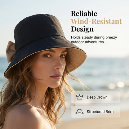 👒 BEGRÄNSAD TID -50% RABATT! ✨ Dam solhatt med bred brätte och rosett – Hopfällbar, 360° skydd 🎀