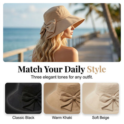 👒 BEGRÄNSAD TID -50% RABATT! ✨ Dam solhatt med bred brätte och rosett – Hopfällbar, 360° skydd 🎀