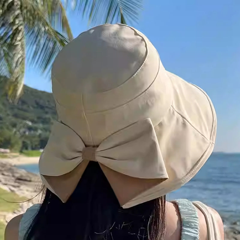 👒 BEGRÄNSAD TID -50% RABATT! ✨ Dam solhatt med bred brätte och rosett – Hopfällbar, 360° skydd 🎀