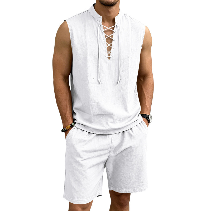 👕 50% RABATT! 🌿 Herr linne ärmlös snörnings-top & shorts set – Svalt linne, justerbar passform & perfekt för strand, festival eller heta sommardagar ☀️