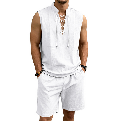 👕 50% RABATT! 🌿 Herr linne ärmlös snörnings-top & shorts set – Svalt linne, justerbar passform & perfekt för strand, festival eller heta sommardagar ☀️