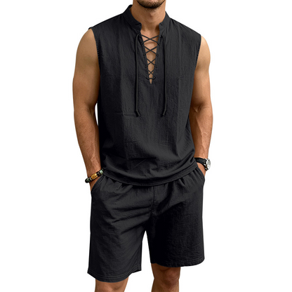 👕 50% RABATT! 🌿 Herr linne ärmlös snörnings-top & shorts set – Svalt linne, justerbar passform & perfekt för strand, festival eller heta sommardagar ☀️