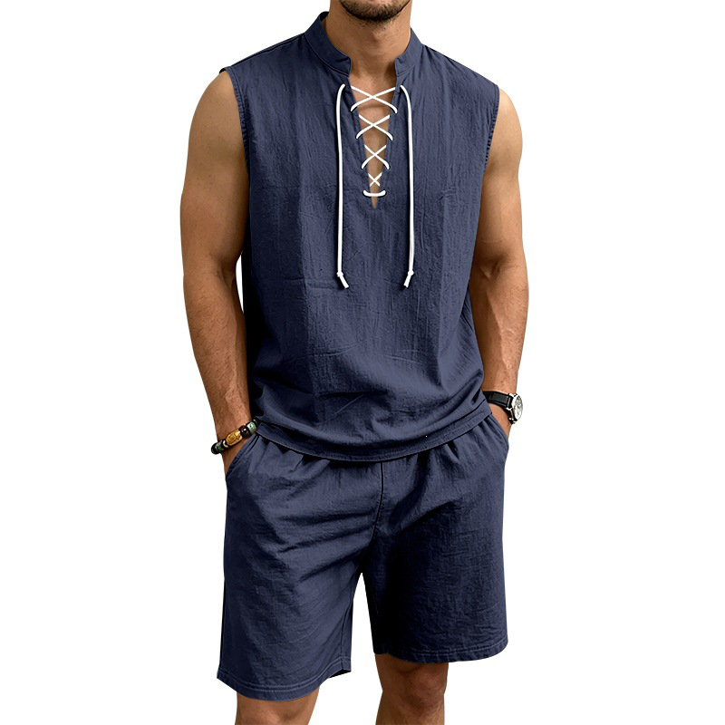 👕 50% RABATT! 🌿 Herr linne ärmlös snörnings-top & shorts set – Svalt linne, justerbar passform & perfekt för strand, festival eller heta sommardagar ☀️