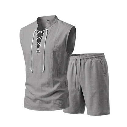 👕 50% RABATT! 🌿 Herr linne ärmlös snörnings-top & shorts set – Svalt linne, justerbar passform & perfekt för strand, festival eller heta sommardagar ☀️